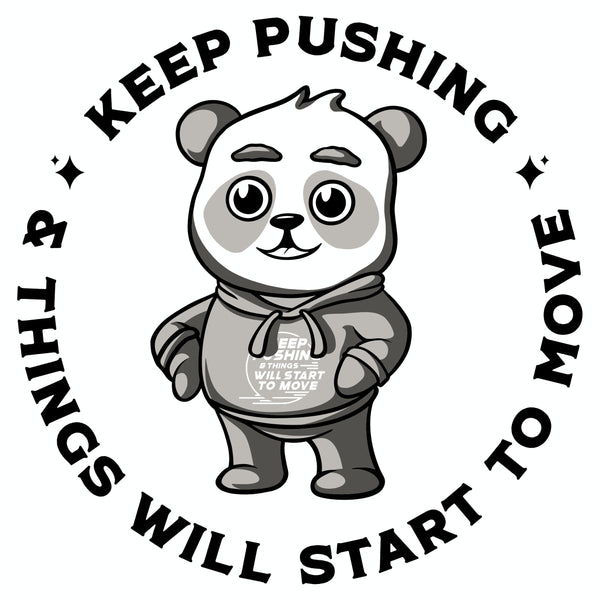 Panda character with a motivational quote on a white background